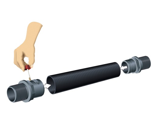 Illustratie van de montage van een gegolfde slang met schroefnippel met behulp van een lijm