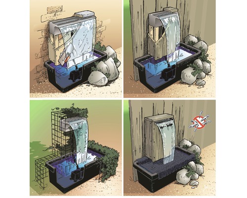 Illustraties van bronstenen voor tuindecoratie met waterval en opvangbassin