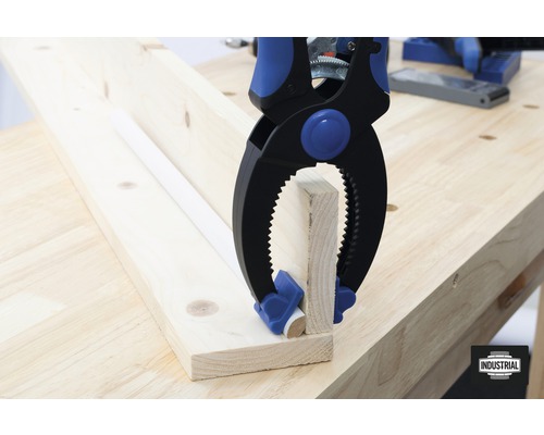 Hout wordt met een eenhandsklem op een werkbank bevestigd.