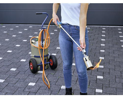 Onkruidbrander met kar in gebruik voor onkruidbestrijding op straatstenen