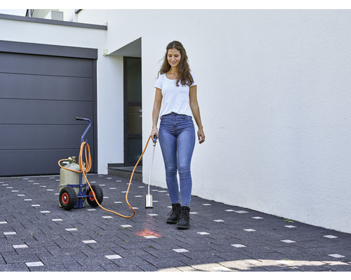 Vrouw gebruikt een gasbrander om onkruid te bestrijden op een bestrate oprit voor een huis met garage