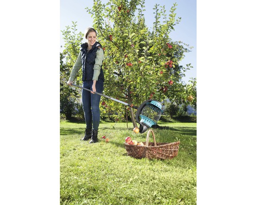Vrouw oogst appels met een fruitplukker en een mand in de tuin.