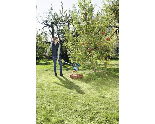 Vrouw oogst appels met een fruitplukker en een mand in de tuin.