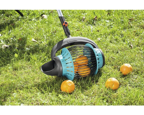 Gardena fruitverzamelaar op gazon met sinaasappels