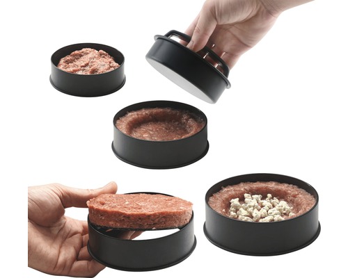 Burgerpers met vlees en kaas in verschillende stadia van bereiding.