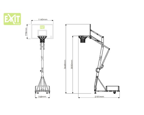 Afbeelding met afmetingen van een verplaatsbare basketbalring