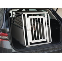 Hond in aluminium transportbox in de kofferbak van een auto