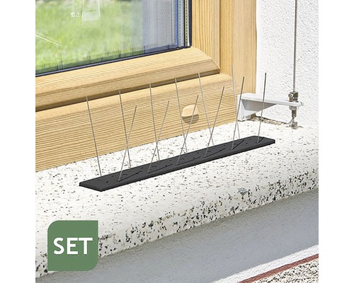 Duivenpinnen set gemonteerd op vensterbank