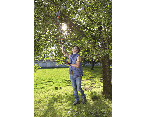 Een man snoeit takken van een boom in de tuin met een telescopische takkenschaar.