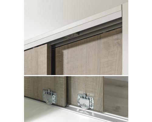 Detailopname van een schuifdeurkast, met focus op het schuifdeurmechanisme