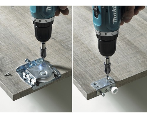 Boormachine bevestigt meubelrol aan houten plaat