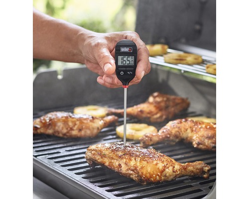 Weber Logo. Persoon meet met een digitale grillthermometer de temperatuur van kip op een grill.