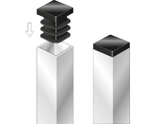 Afbeelding van een vierkante buisdop voor en na installatie