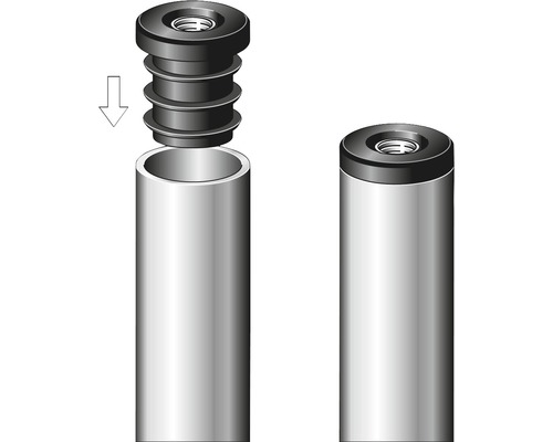 Illustratie van een buiskap met schroefdraad voor en na montage op een buis.