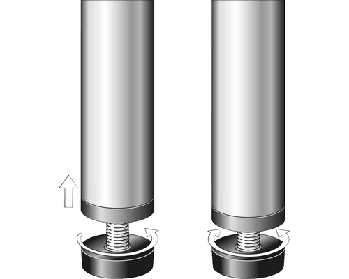 Illustratie toont een meubelpoot met verstelbare voet en pijlen voor de hoogteverstelling.