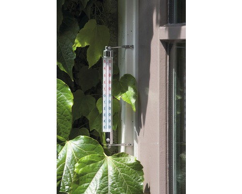 Buitenthermometer aan een muur met planten