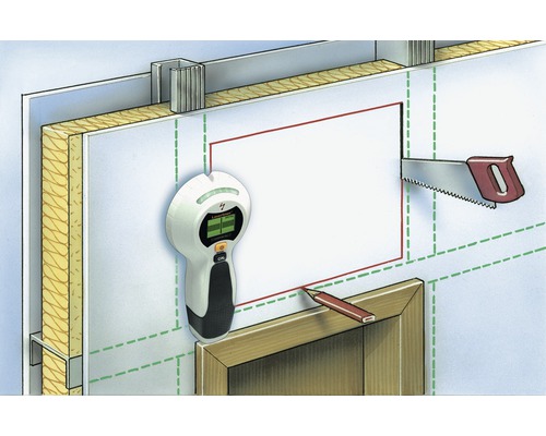 Illustratie van een wandmontage met isolatie, frame, detector, zaag en potlood.