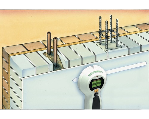 Illustratie van een gelaagde wandconstructie met leidingen en wapening die wordt gescand met een detector