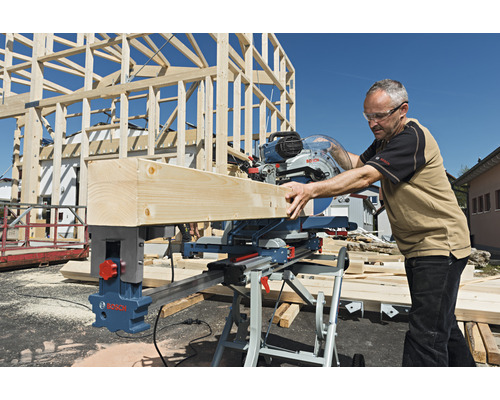 Man werkt met een Bosch verstekzaag op een bouwplaats.