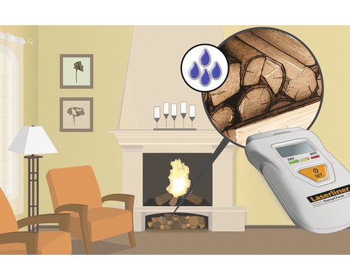 Illustratie van een woonkamer met open haard en een houtvochtmeter die het vochtgehalte van het hout meet