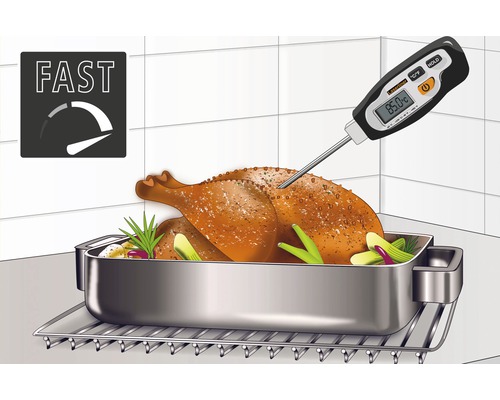 Braadstuk in braadpan met vleesthermometer en snelheidsicoon