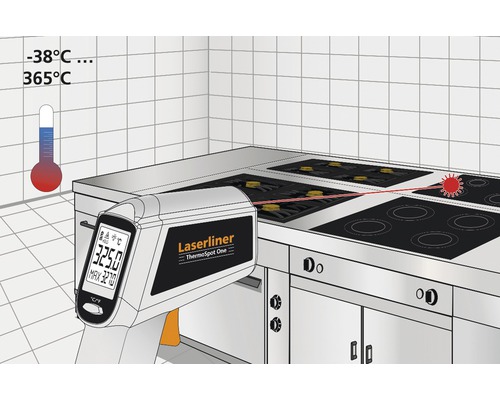 Laserliner ThermoSpot One infraroodthermometer meet de temperatuur van een kookplaat.