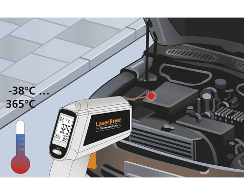 Laserliner Thermospot One infrarood thermometer in gebruik voor temperatuurmeting in de motorruimte