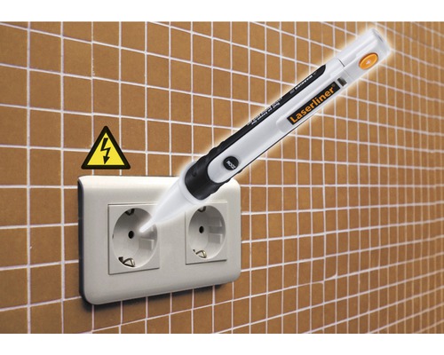 Lasersliner spanningszoeker bij stopcontact met waarschuwingssymbool