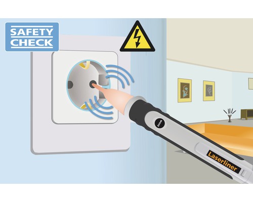 Illustratie van een spanningstest met een meetinstrument in een stopcontact, waarschuwingssymbool voor elektrische schok
