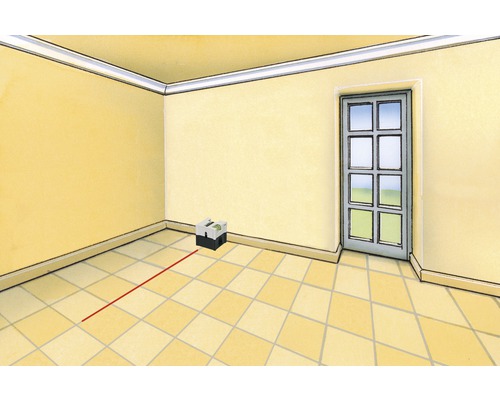 Kamerbeeld met lijnlaser voor uitlijning op een betegelde vloer