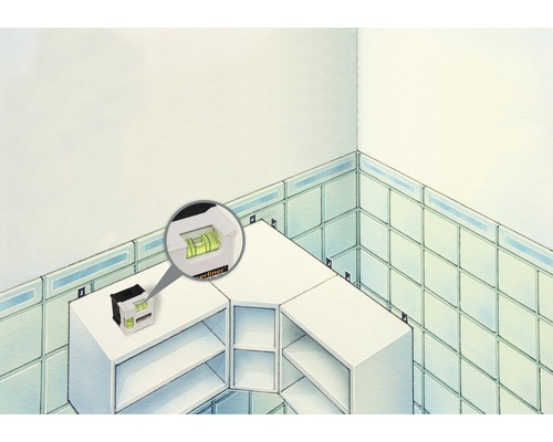 Illustratie van een miniwaterpas op een hoekkast