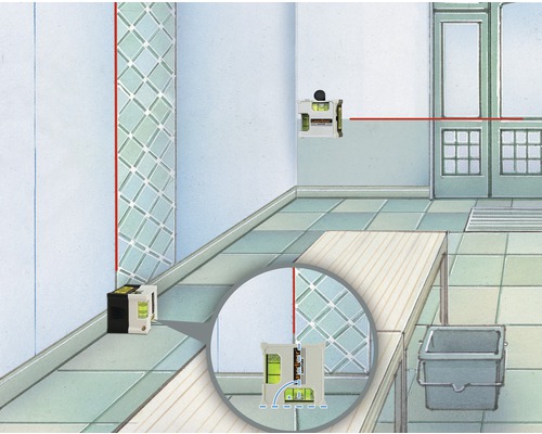 Scène met een kruislijnlaser in gebruik voor het uitlijnen van tegels