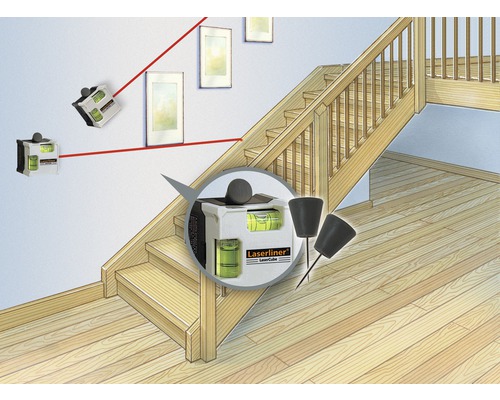 Laserliner LaserCube met accessoires voor het uitlijnen van foto''s op een trap