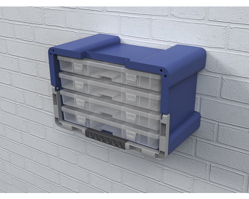 Blauwe gereedschapskist met transparante laden voor wandmontage.
