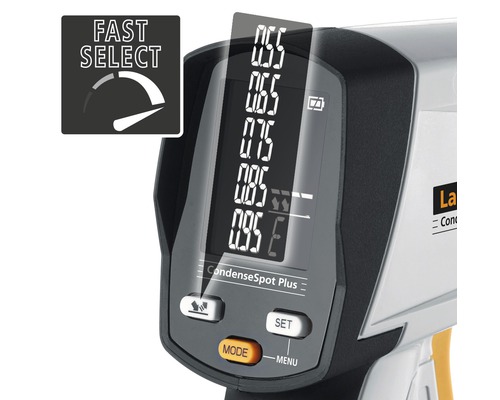 Detailweergave van een lasercondenszoeker met display en functie selectie