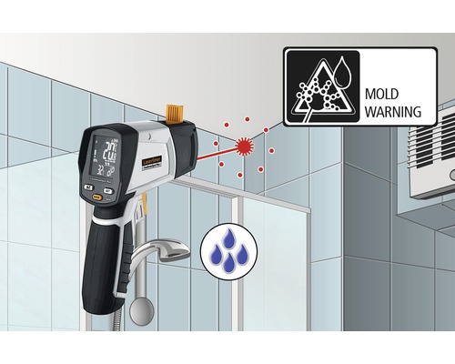 Vochtigheidsmeter voor schimmeldetectie in de badkamer met waarschuwingssymbool