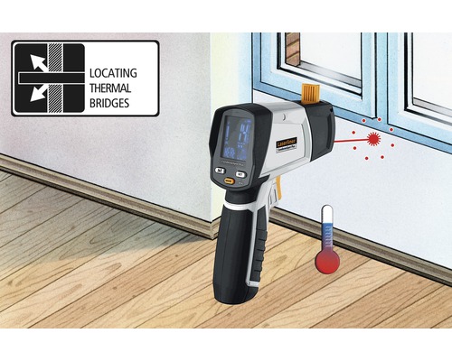 Lasermeetapparaat voor het lokaliseren van koudebruggen bij een raam.