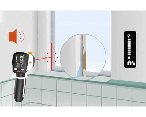 Een vochtmeter meet het vochtgehalte van een raam.