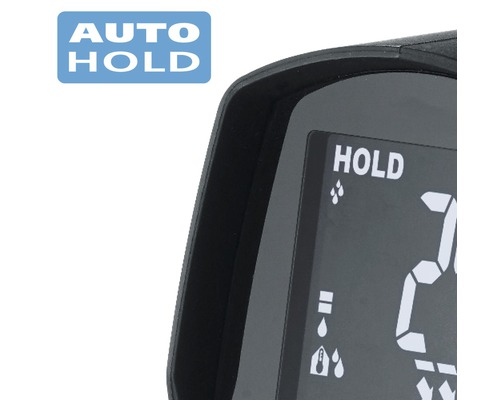 Detailweergave van het display met weergave van meetwaarden en het opschrift Auto Hold