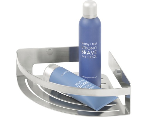 Metalen hoekrek met douchegel en bodylotion