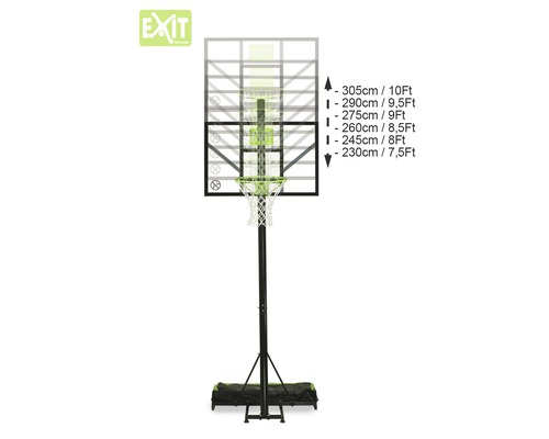 In hoogte verstelbare basketbalring met specificaties van de verschillende hoogtes