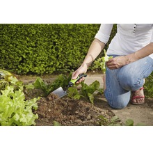 Een tuinier plant sla met een plantgereedschap in een tuinbed.