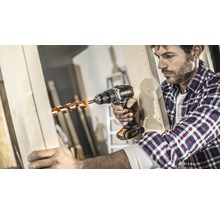 Ambachtsman boort met een accuschroefboormachine een gat in een houten plank. Het Worx-logo is te zien.