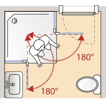 Plattegrond van een badkamer met douche, wastafel, toilet en bewegingsruimte
