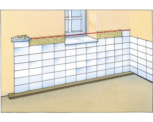 Illustratie van een badkamermuur met tegels, een waterpas en een rei voor een correcte uitlijning