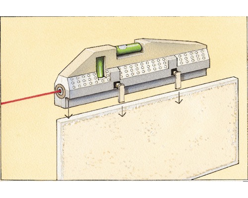 Illustratie van een laserwaterpas die een rode laserlijn op een oppervlak projecteert