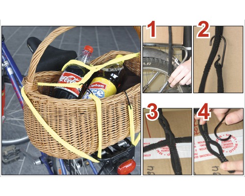 Fietsmand met drankjes en een handleiding voor bevestiging met een elastisch koord
