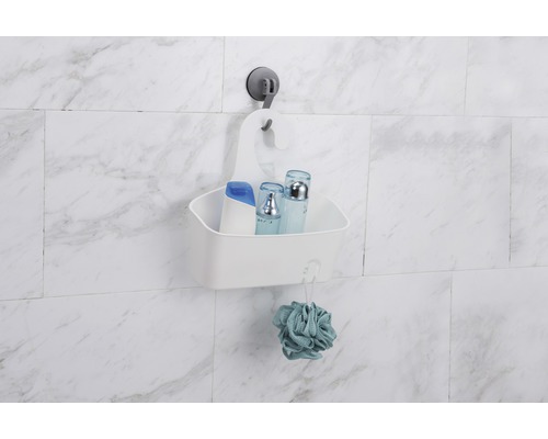 Badkamer opbergmand met zuignap aan de muur bevestigd