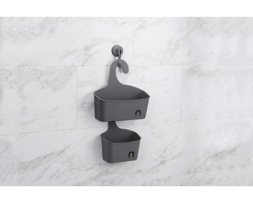 Grijze douchekorf met twee planken voor wandmontage met zuignap