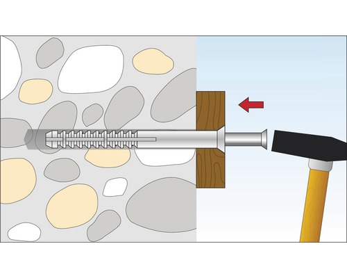 Illustratie van een plugbevestiging met hamer in een muur